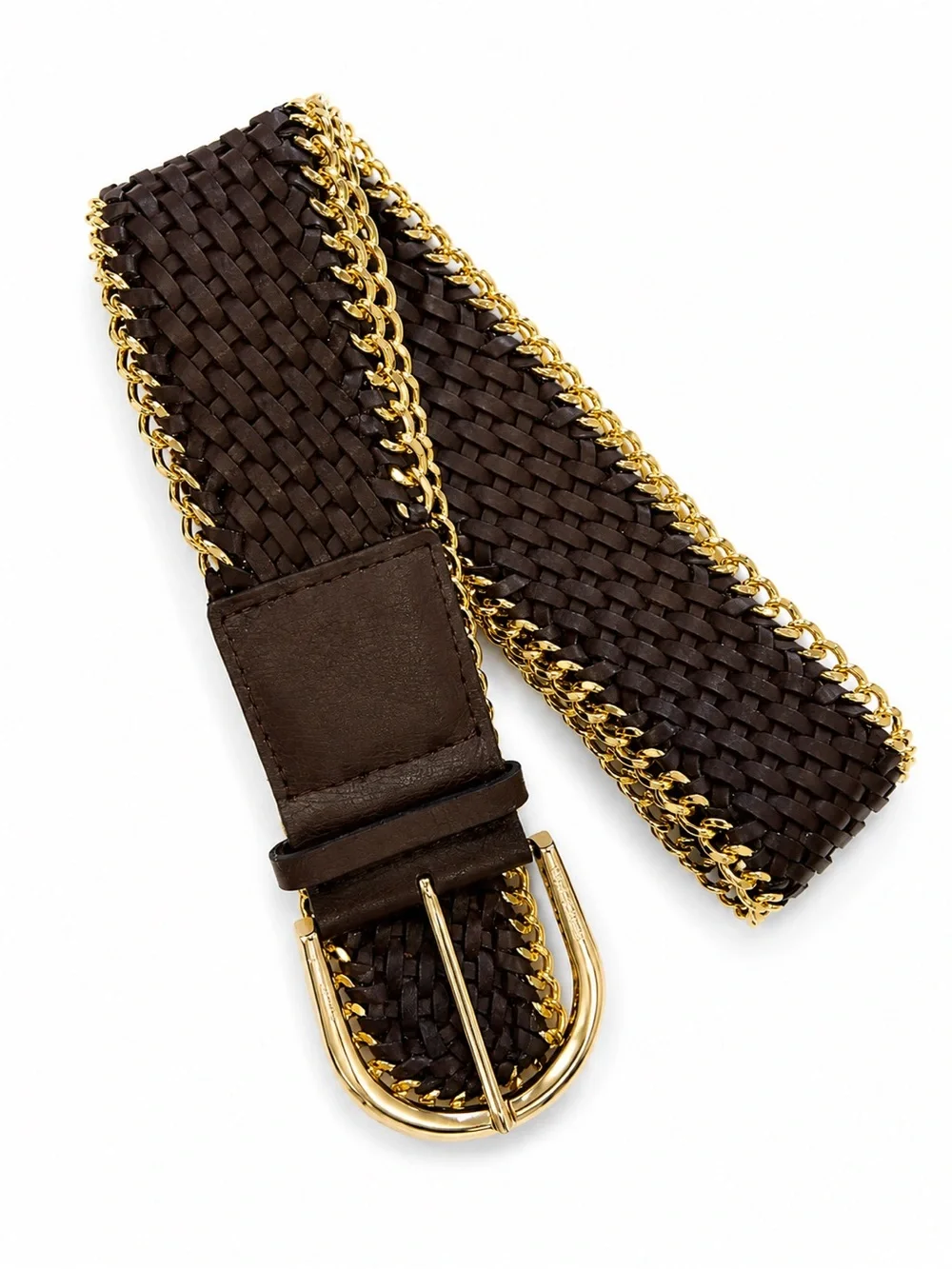 Michael Kors Dark Brown Woven Leather Belt with Gold Chain and Buckle